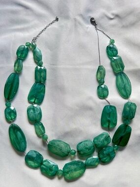 Jade Turquoise Green Double Strand Beaded / Stones Silver Chunky Necklace